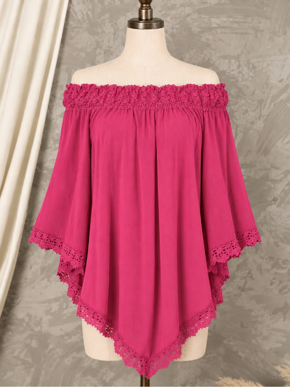 Zanzea Off-Shoulder Crochet Trim Tunic - Fuchsia Pink